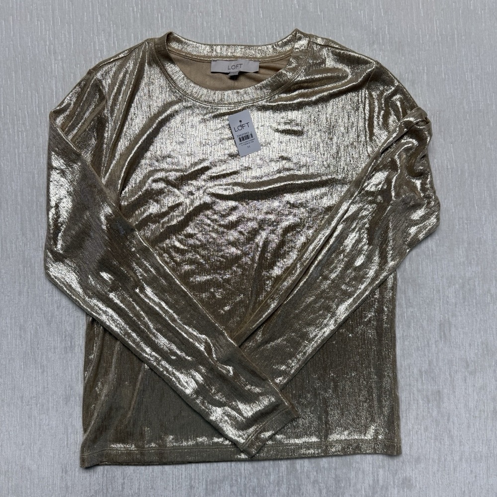 LOFT Gold Shimmer Pullover Shirt Womens Medium Metallic Stretch Holidays Party